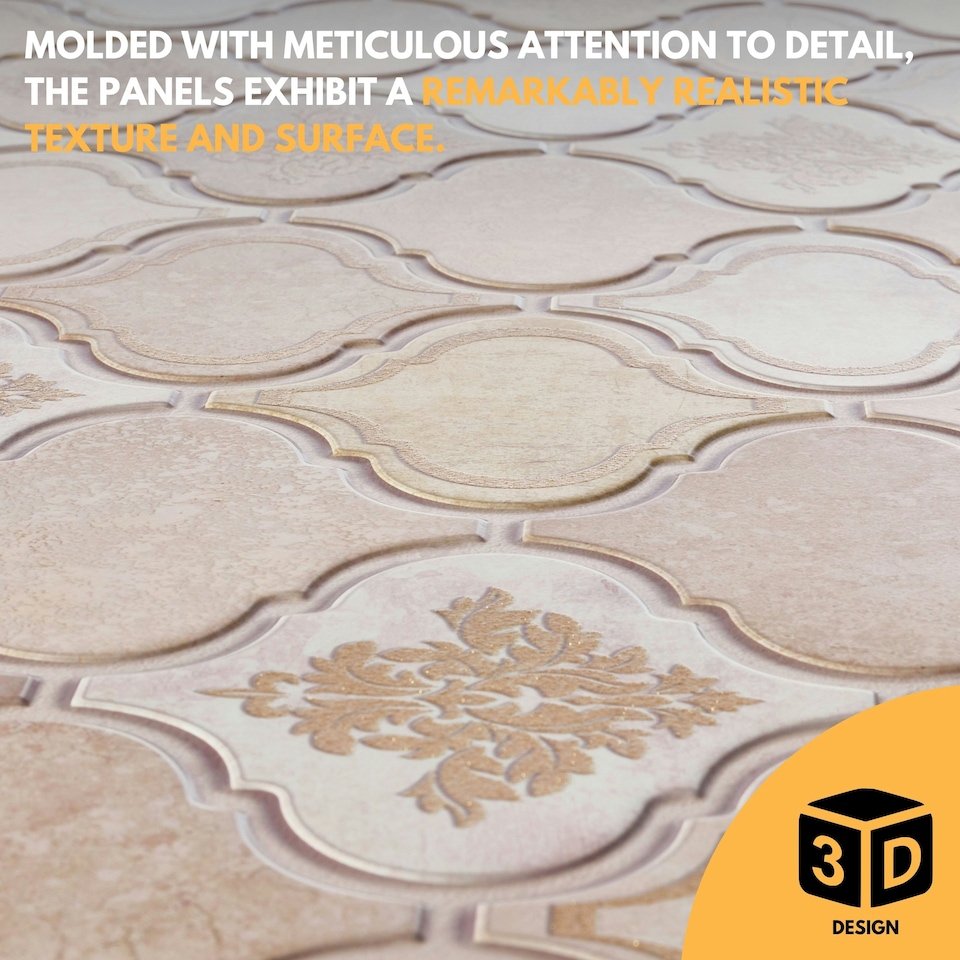 image 1 of NOVECRAFTO 3D Tile Effect Wall Panels – Cream Gold Arabesque Design with Glitter – Set of 6 PVC Sheets – 2.78m² (29.96sqft) – Kitchen & Bathroom Cladding