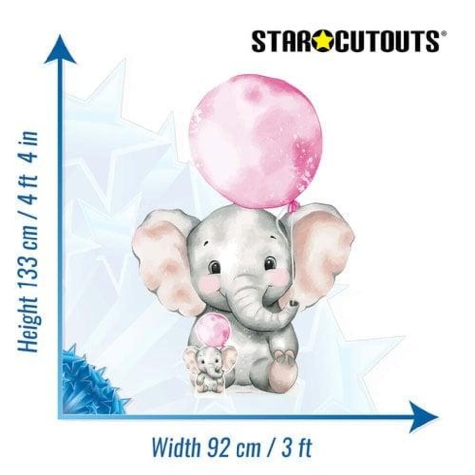 image 1 of Elephant with Pink Balloon Lifesize Cardboard Cutout 133cm Pink