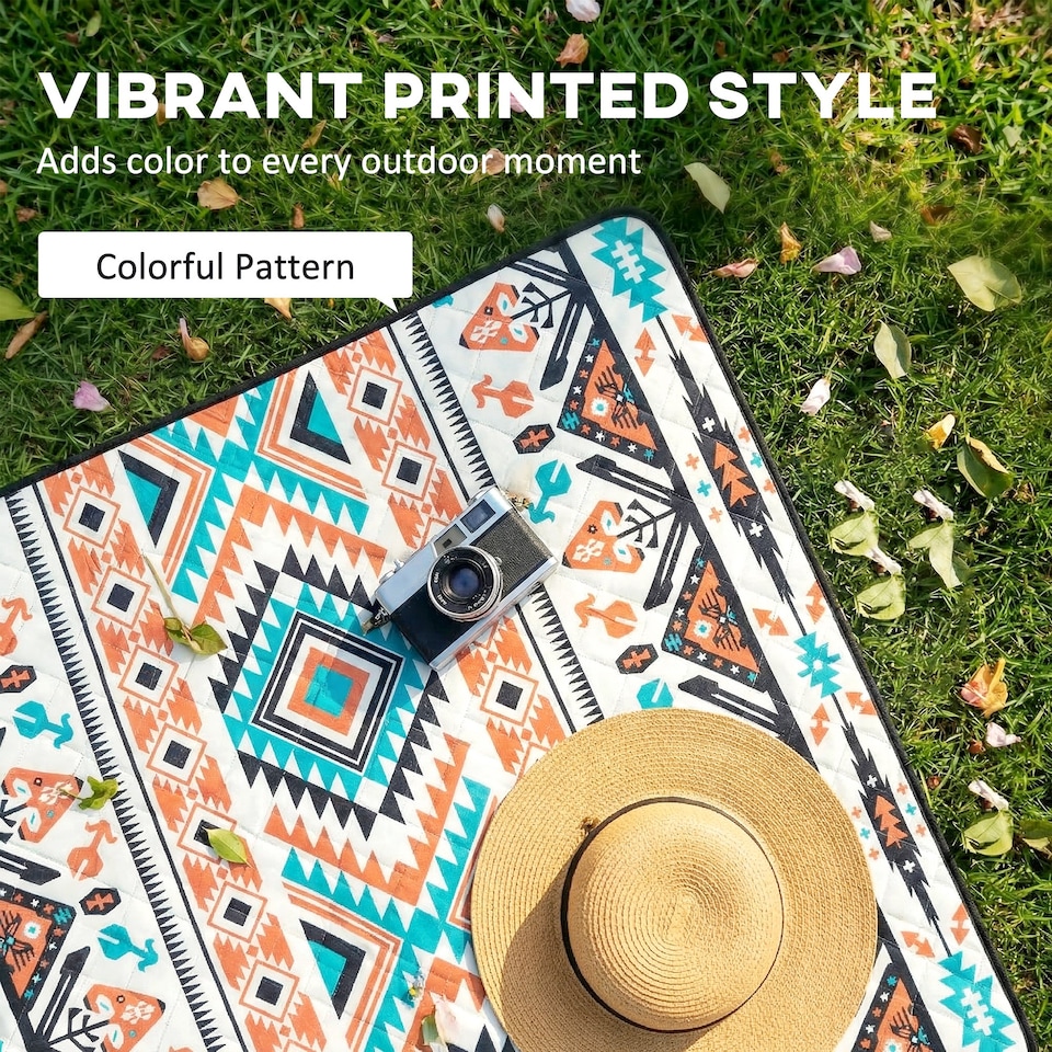 image 1 of Outsunny Picnic Blanket, 300x200CM Beach Blanket Outdoor Picnic Mat | Multi | Multi-coloured tribal geometric | 300 x 200 x 1 cm