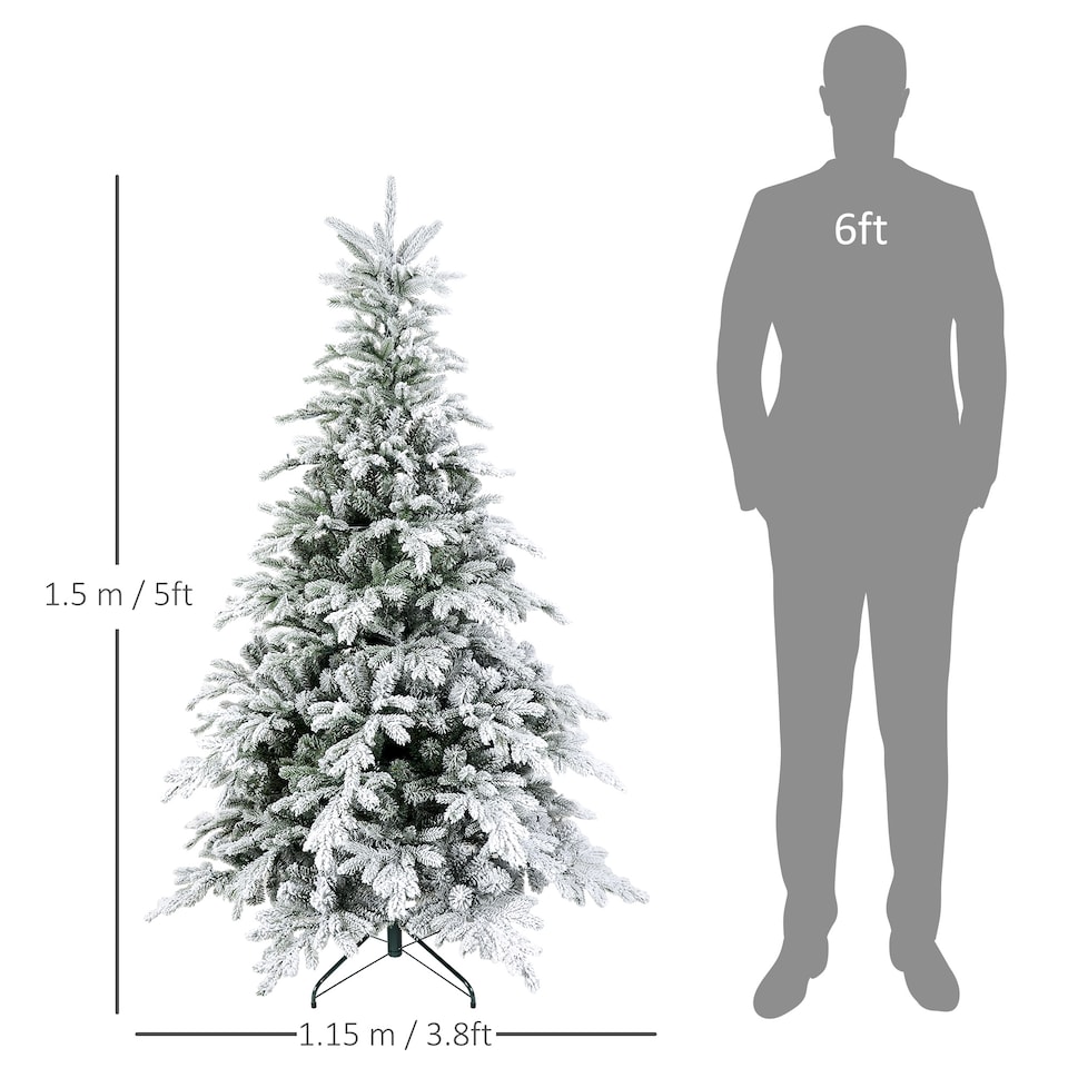image 1 of HOMCOM 5ft Prelit Snow Flocked Artificial Christmas Tree with Warm White LED Light and 931 Tips, Metal Base, Snowy Realistic Xmas Tree