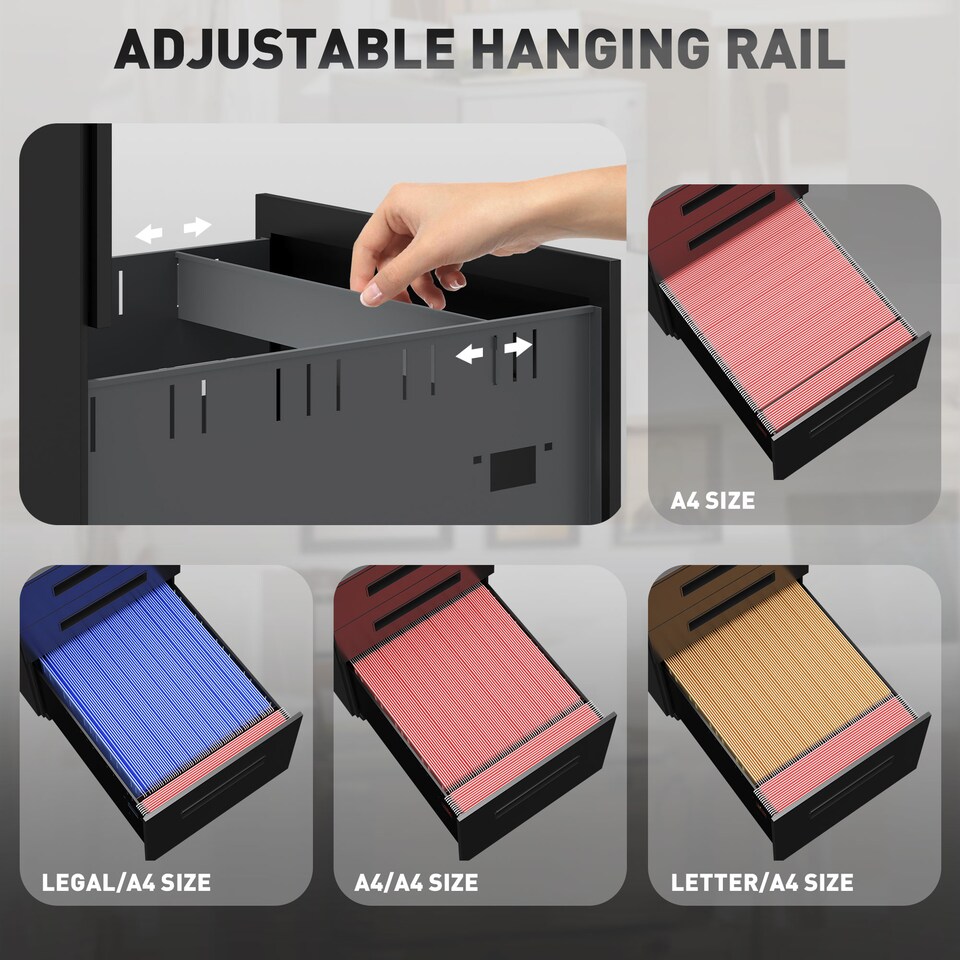 image 1 of Vinsetto 3 Drawer Mobile File Cabinet, Metal Filing Cabinet with Lock and 5 Wheels for A4 Legal Letter Sized Documents, Hanging File Folders, Pre-Assembled Body, 39 x 48 x 60 cm, Black | Black | Black