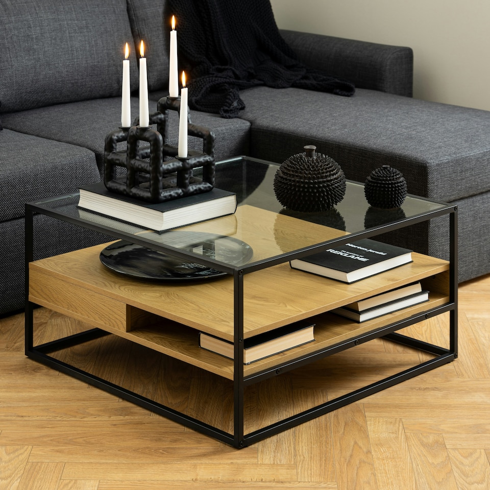 image 1 of Randolf Square Coffee Table with 2 Shelves in Black and Oak