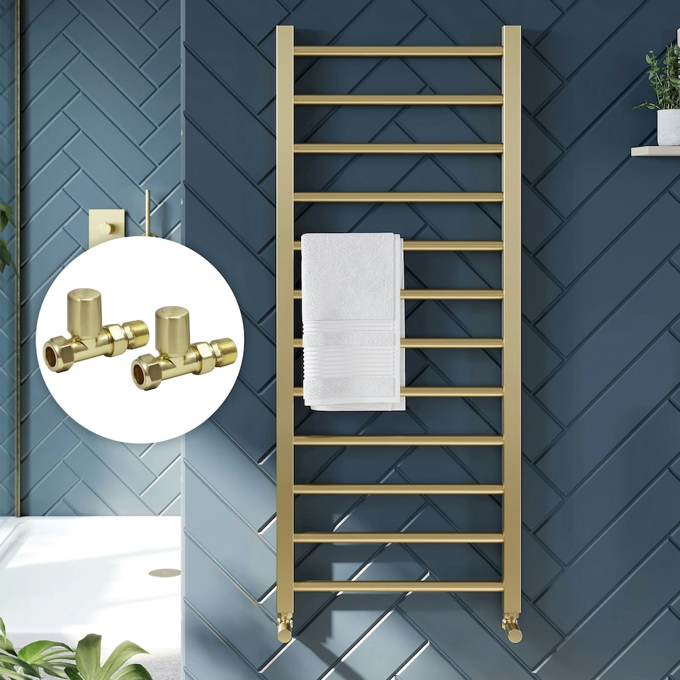 image 1 of Brushed Brass 800 x 500mm Heated Bathroom Towel Rail Warmer Ladder Radiator with Straight Manual Valves Pair
