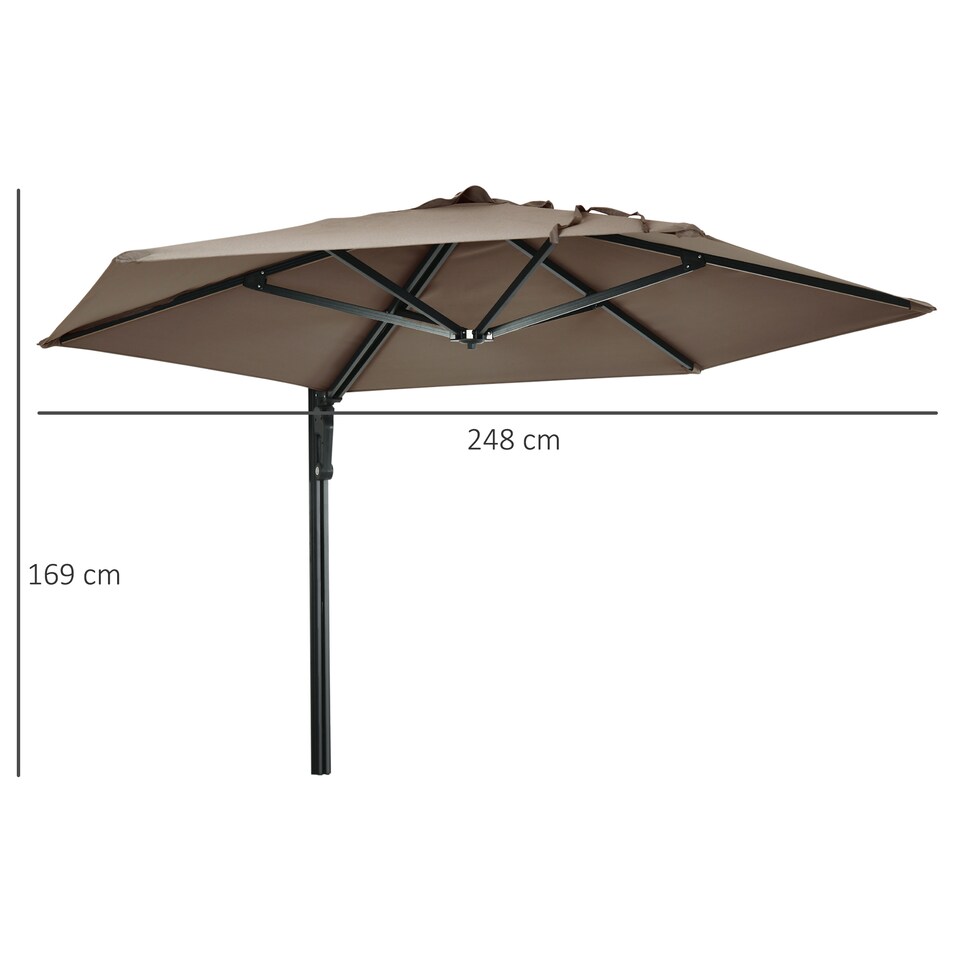 image 1 of Outsunny 2.5m Wall Mounted Parasol, Hand to Push Outdoor Patio Umbrella with 180 Degree Rotatable Canopy for Porch, Deck, Garden, 250 cm, Khaki