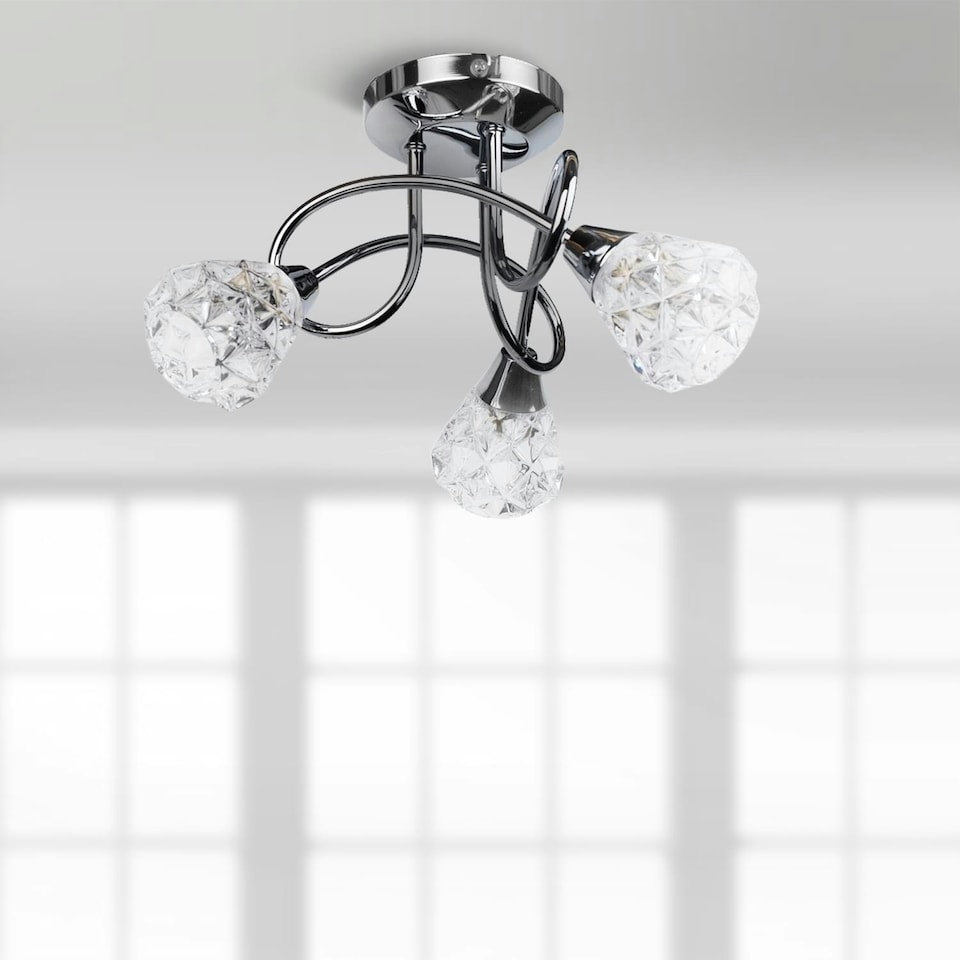 image 1 of Set of 2 Oto - Chrome with Clear Textured Glass 3 Light Flush Ceiling Lights Chrome