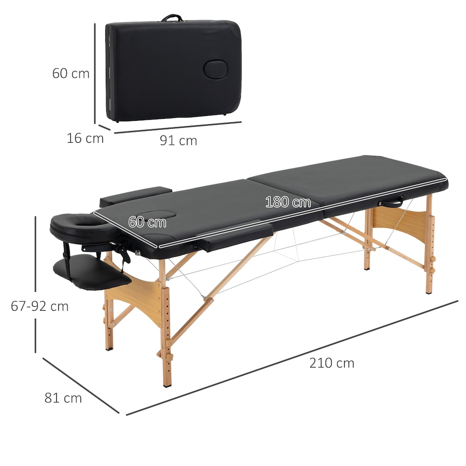 image 1 of HOMCOM Portable Massage Bed, Folding Spa Beauty Massage Table with 2 Sections, Carry Bag and Wooden Frame, Black
