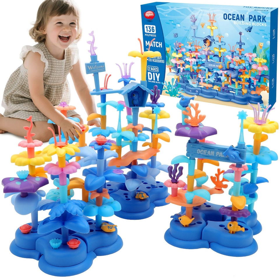 image 1 of 2 in 1 Ocean World and Flower Garden Building Toys 136 PCS STEM Construction Set for Kids