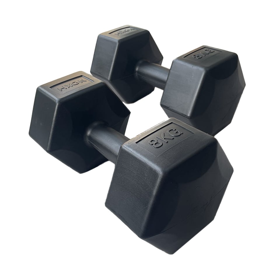 image 1 of HXGN 2 x 8kg Vinyl-Coated Hex Dumbbell Pair — Black, Non-Roll | Black | BLACK | 8kg | 2