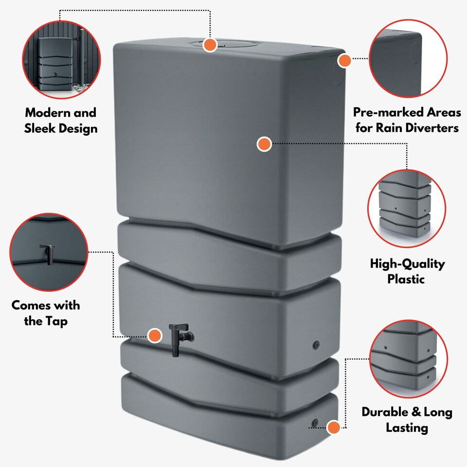 image 1 of Water Butt Kit with Tap, Diverter & Bio Cleaner –  Rainwater Collector for Garden, Balcony & Terrace – Durable Plastic Water Storage Tank | Grey | 350L