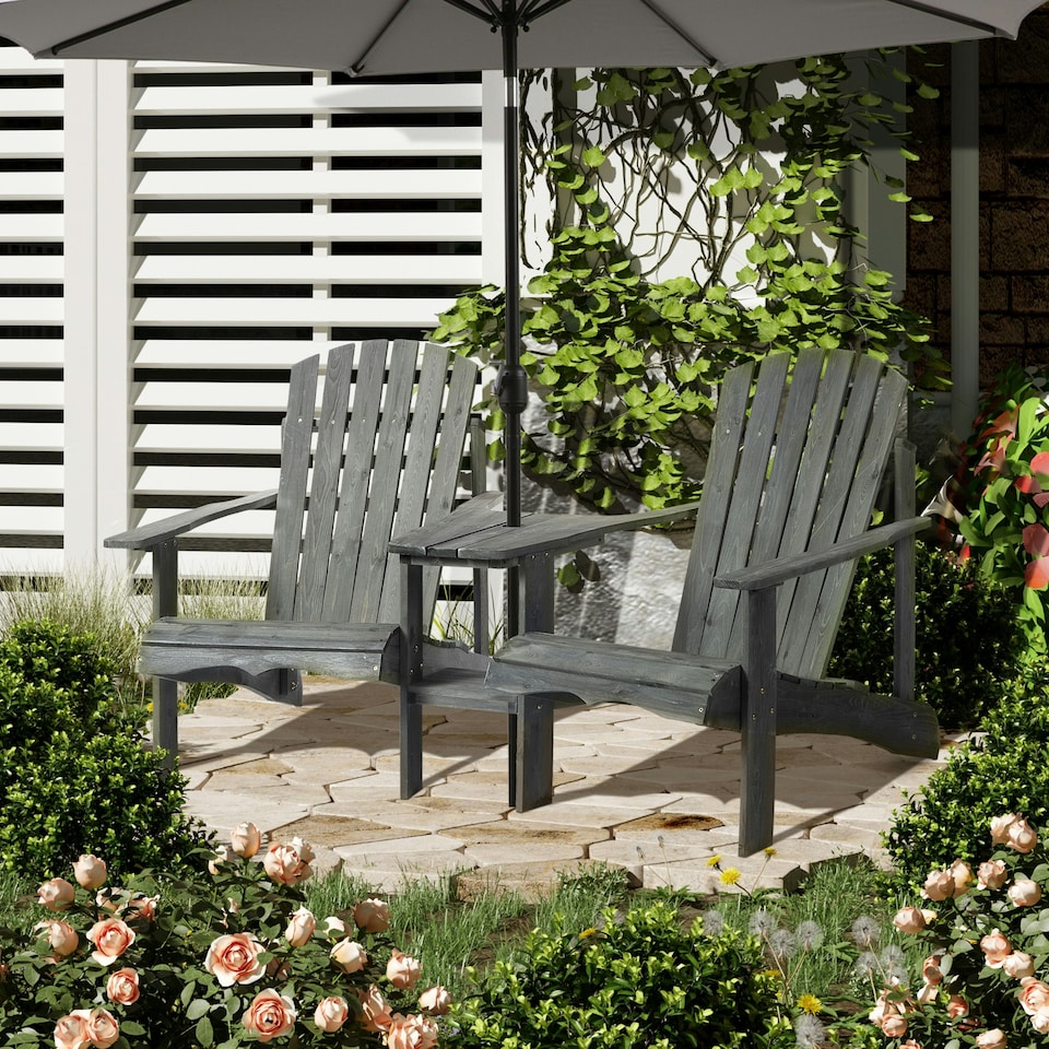 image 1 of Outsunny Wooden Outdoor Double Adirondack Chair w/ Center Table & Umbrella Hole