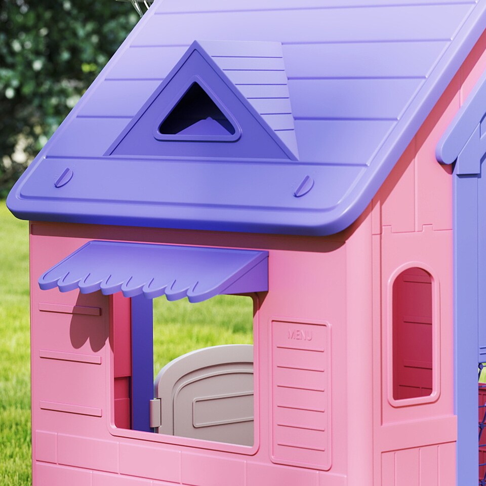 image 1 of AIYAPLAY 5-in-1 Playhouse for Kids Outdoor Indoor, Garden House with Basketball Hoop, Football, Dartboard, Ring Toss, Wendy House for Kids 2-5 Years Old | Pink