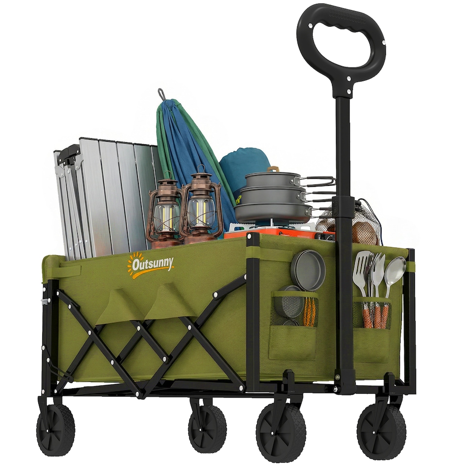 image 1 of Outsunny 60L Festival Trolley on Wheels, Collapsible Wagon Cart | Green | Army Green | 71 x 45 x 86 cm