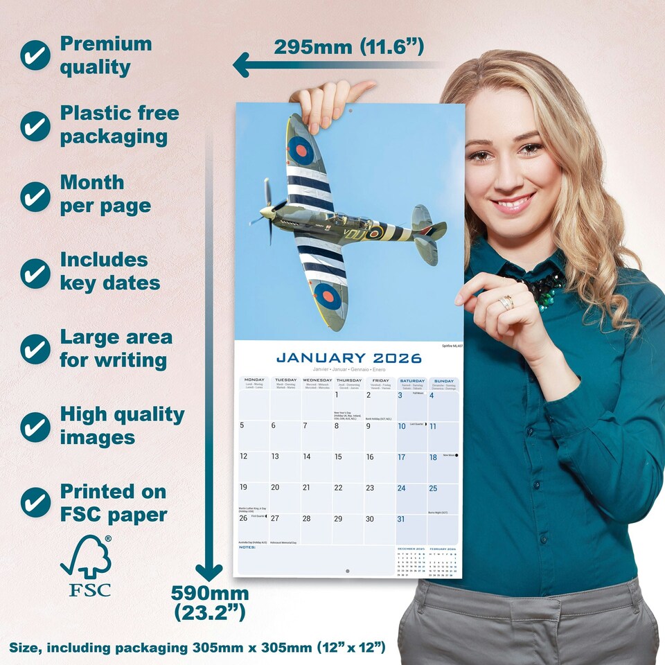 image 1 of Spitfires 2026 Calendar | Square Wall Calendar | Aircraft, Warplane Gift | Plastic Free Packaging | by Avonside Publishing