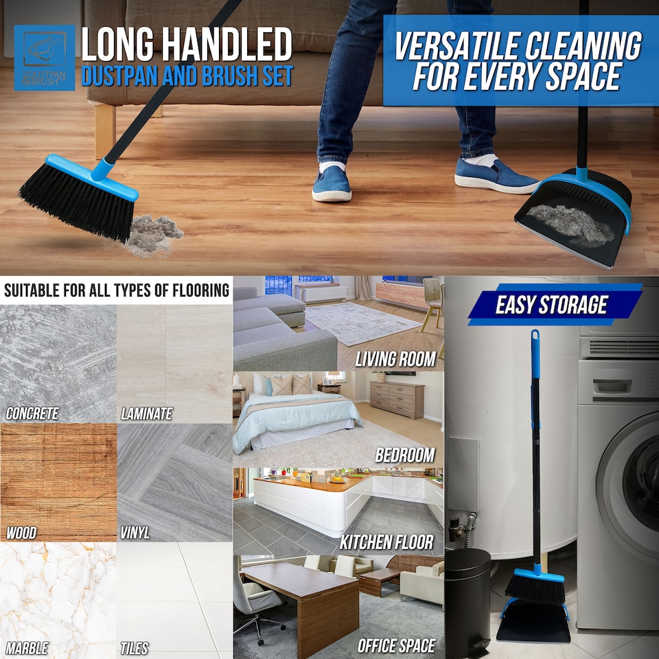 image 1 of Long Handled Dustpan and Brush Set Upright Sweeping Broom with Built-In Bristle Cleaner