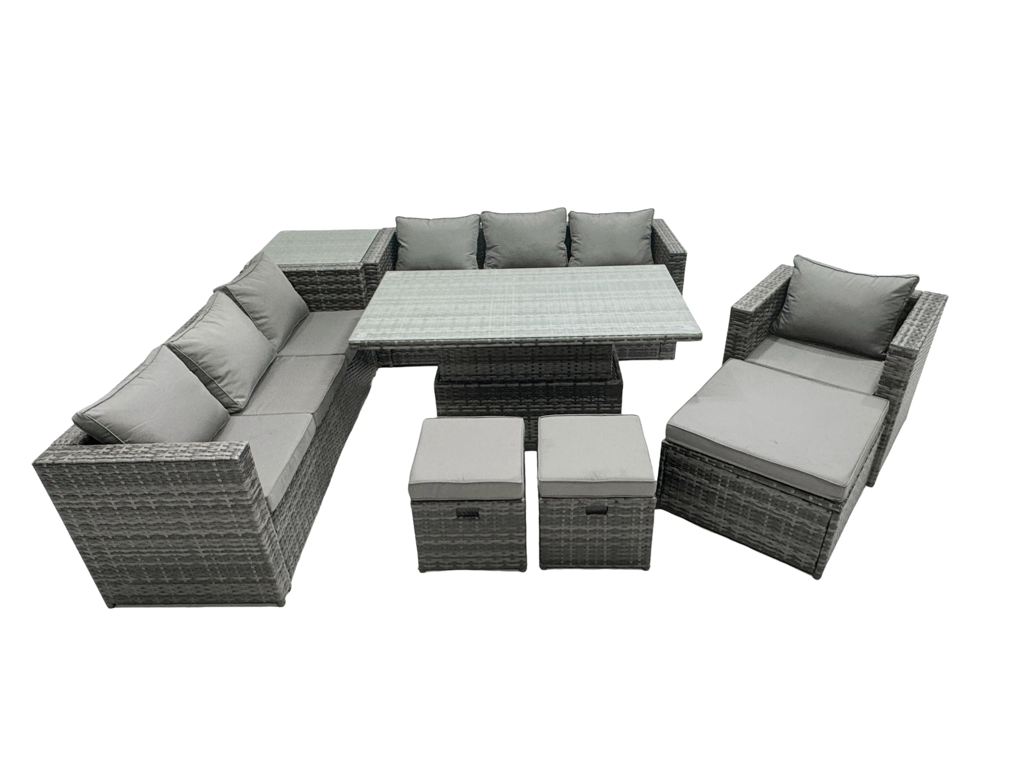 Fimous PE Rattan Garden Furniture Set Lounge Sofa Rising Dining Table Set with Side Table 3 Footstool Dark Grey Mixed