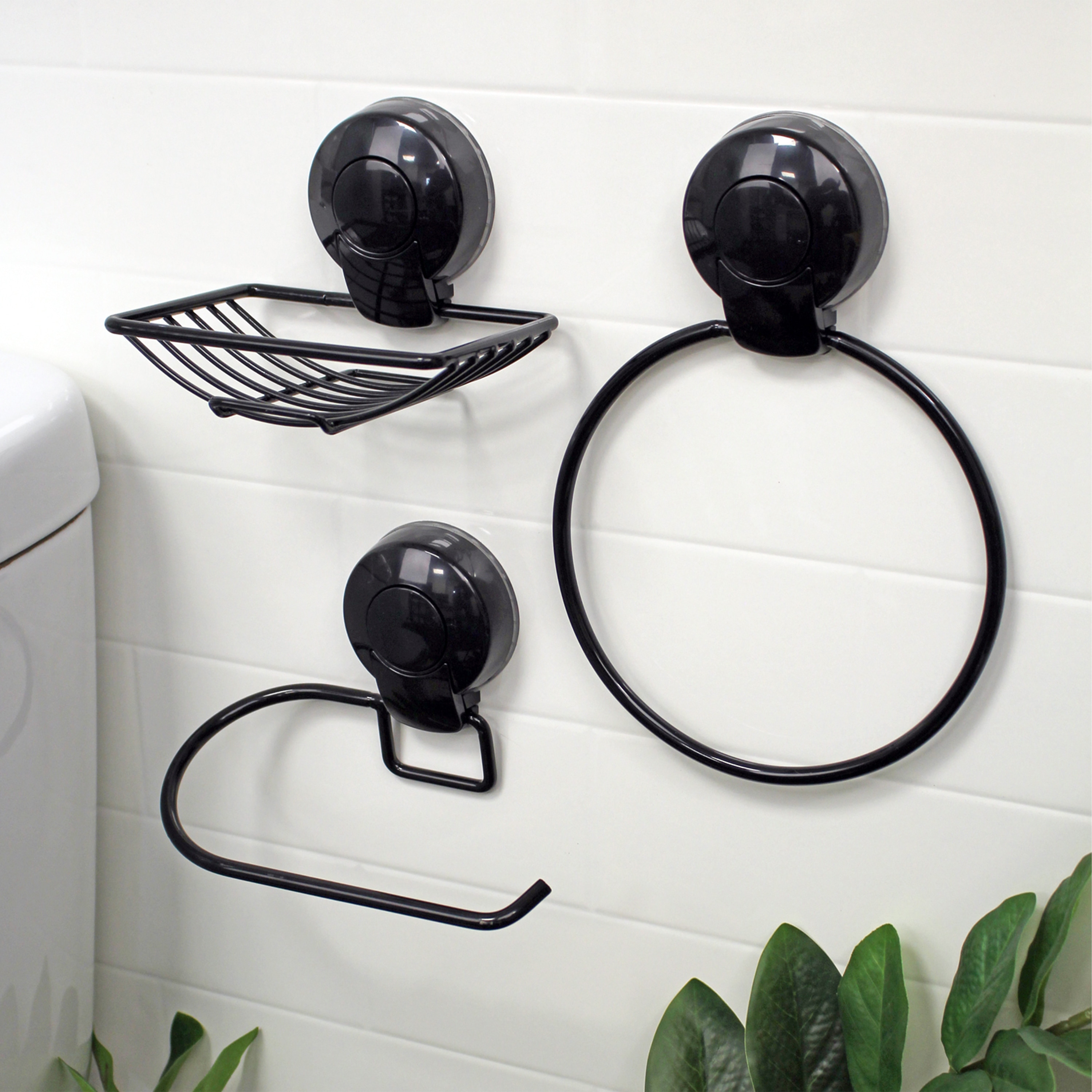 Showerdrape Suctionloc Black 3 Piece Suction Wall Mounted Bathroom Accessory Set Black Black 1
