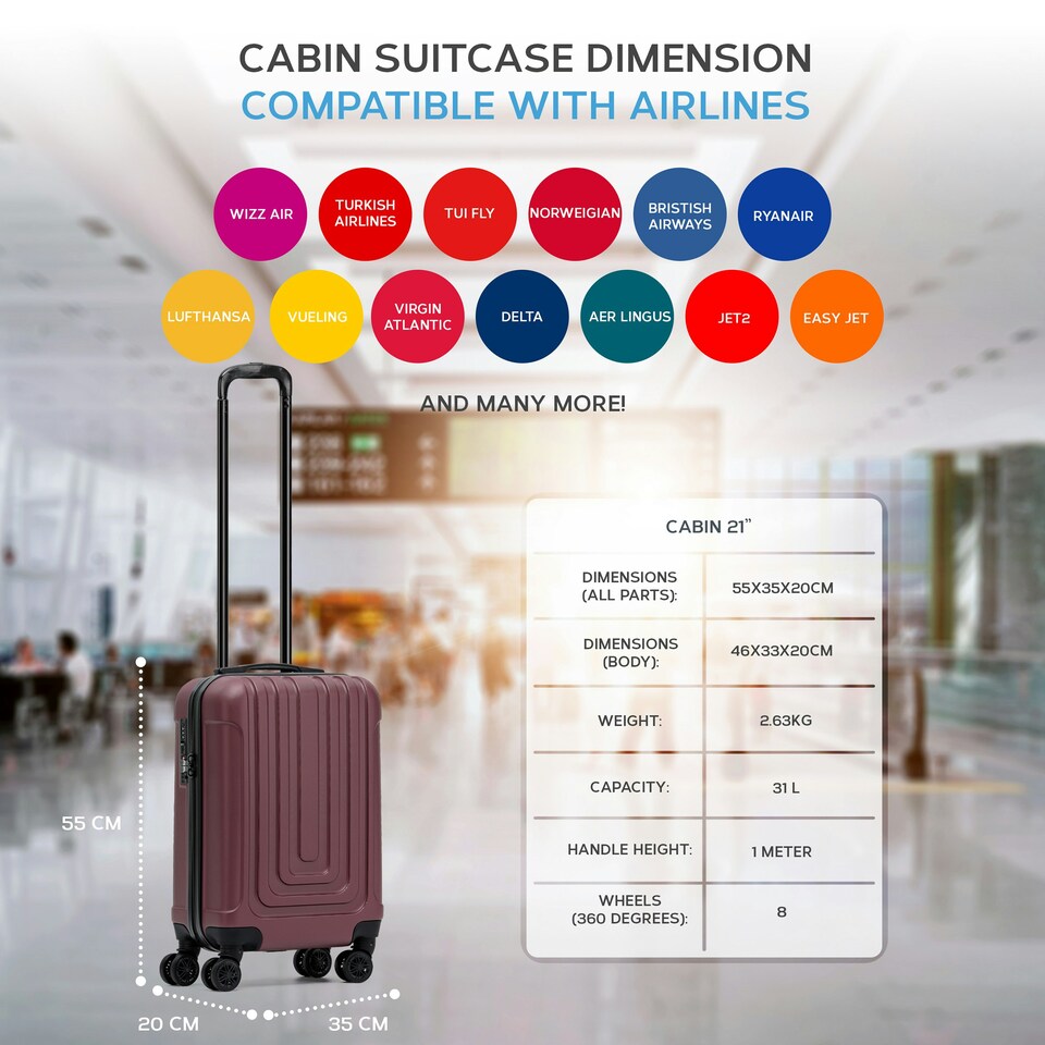 image 1 of Flight Knight Premium Hard Shell Lightweight Cabin Suitcase - Built-in TSA Lock & USB Port - 100+ Airlines Approved - easyJet, Ryanair & Jet2 - 55x35x20cm Red | Burgundy | Cabin Bag