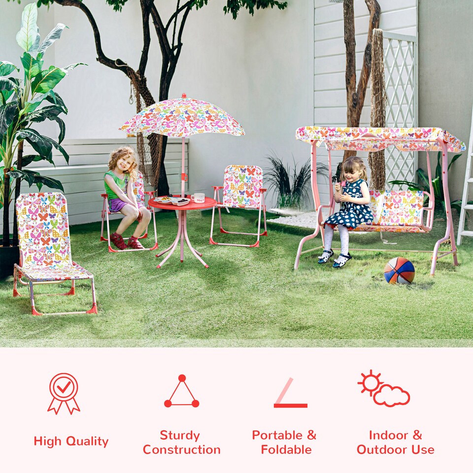 image 1 of Outsunny Kids Folding Picnic Table Chair Set Butterfly Pattern Outdoor Parasol