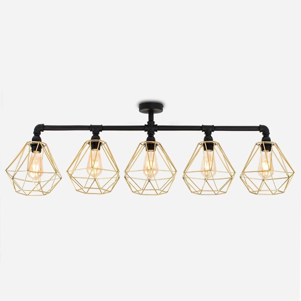 image 1 of ValueLights Industrial 5 Way Satin Black Pipework Ceiling Light With Gold Cage Shades | Black