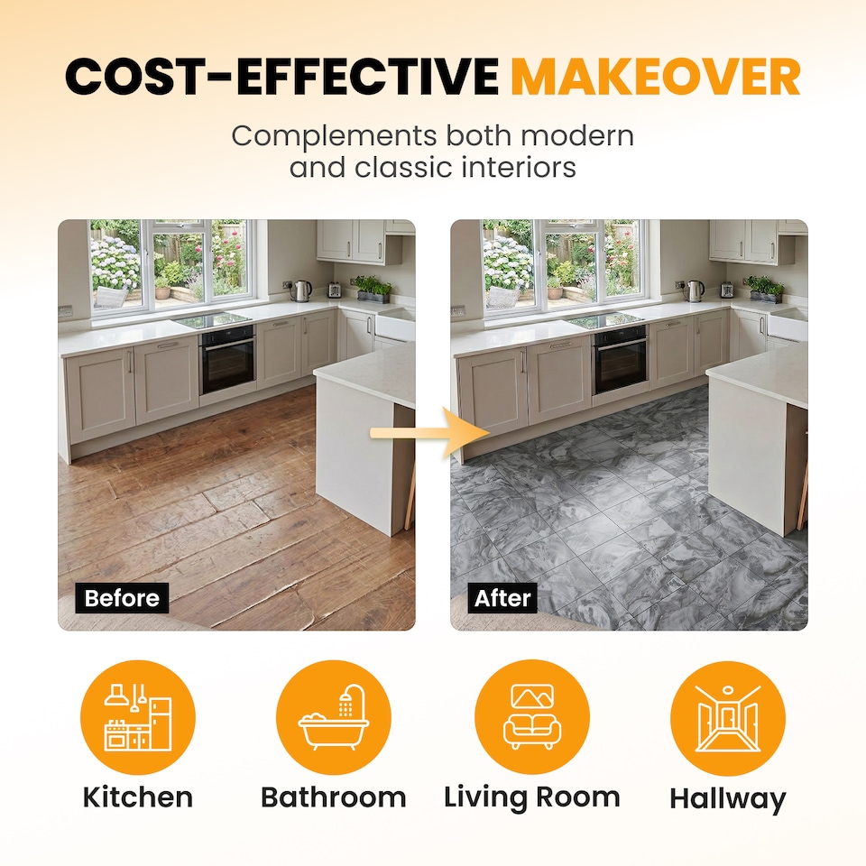 image 1 of NOVECRAFTO Vinyl Floor Tiles Self Adhesive – 12x12in Peel and Stick Flooring for Kitchen, Bathroom & Living Room – Charcoal Marble Flow Design | Grey | 4.65 sqm