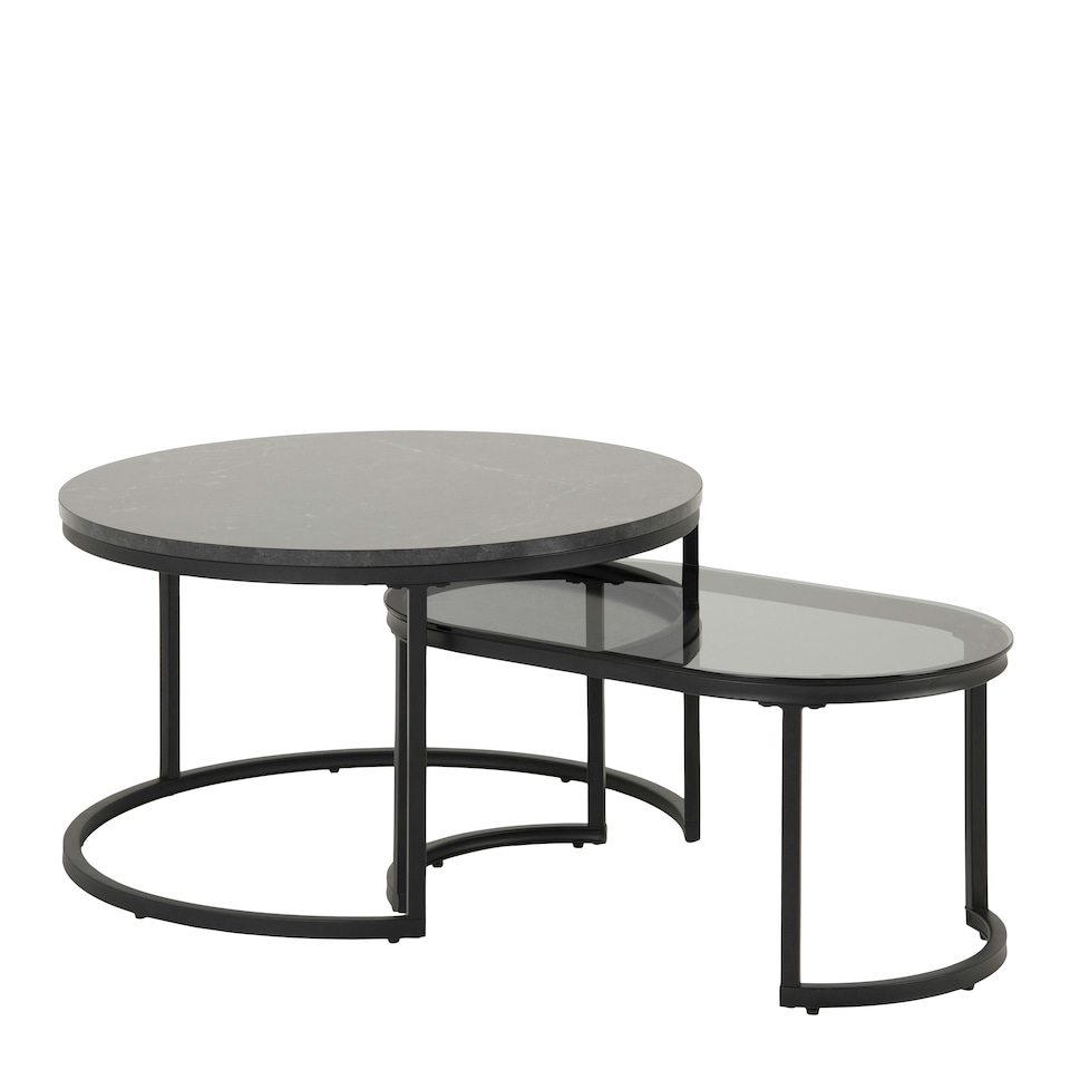 image 1 of Spiro Round/Oval Coffee Table Set with Black Marble/Smoked Melamine Glass Top