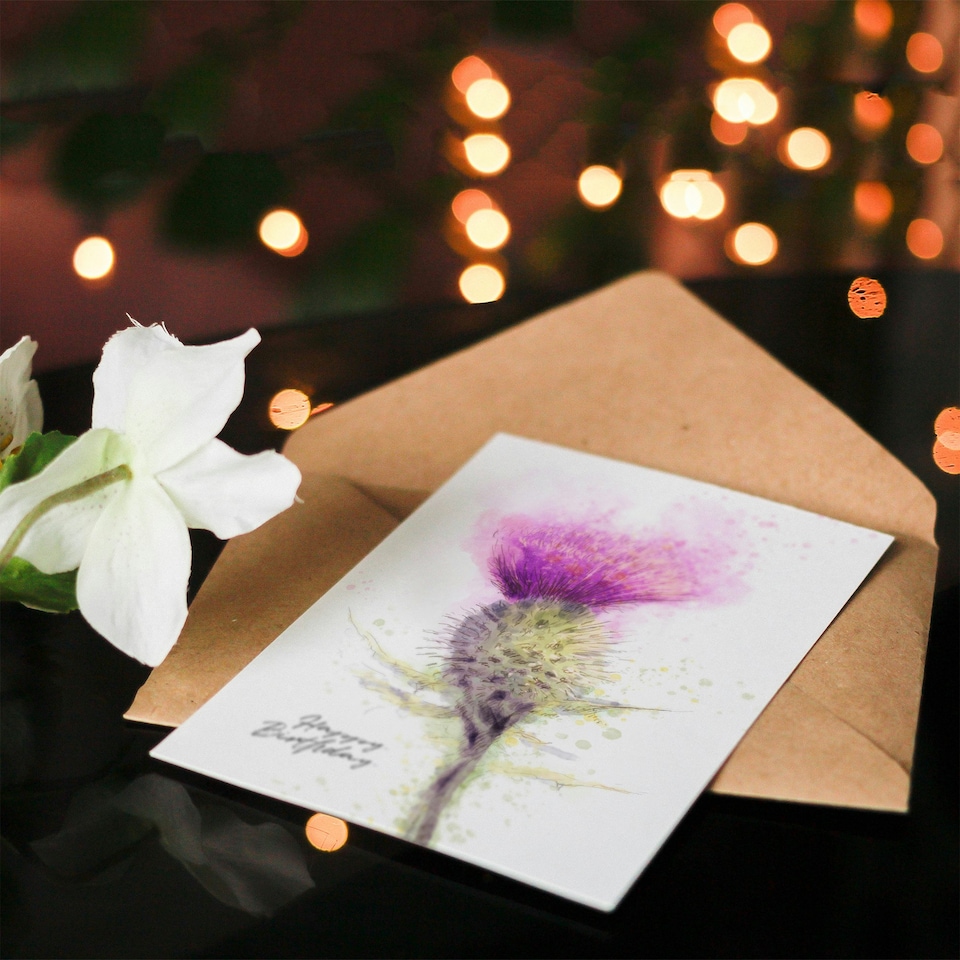image 1 of Happy Birthday Scottish Thistle Flower Watercolor Birthday Card