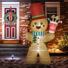 HOMCOM 7.5ft Christmas Inflatable Gingerbread Man with Candy Cane and LED Lights, Blow-Up Outdoor LED Garden Display for Lawn, Party
