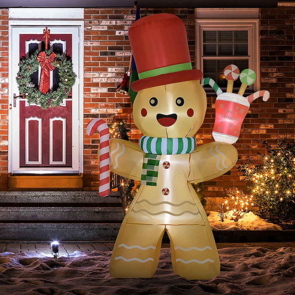 image 1 of HOMCOM 7.5ft Christmas Inflatable Gingerbread Man with Candy Cane and LED Lights, Blow-Up Outdoor LED Garden Display for Lawn, Party