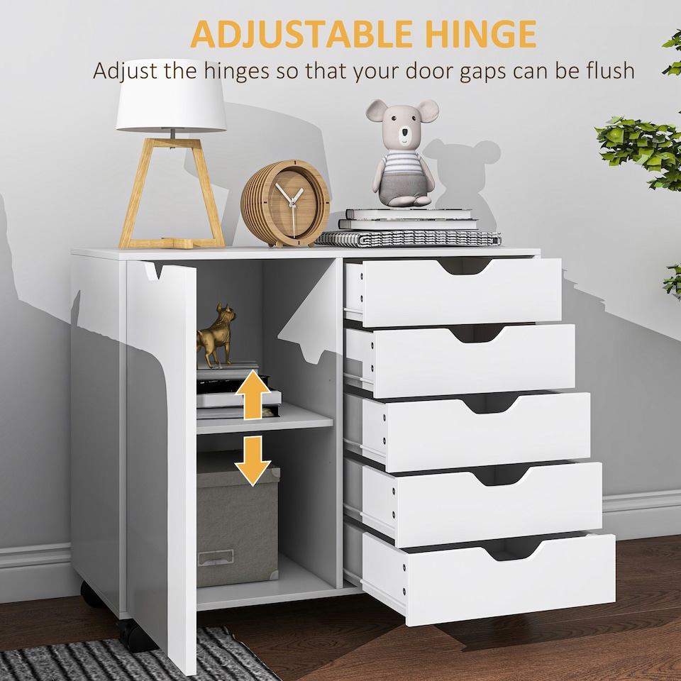 image 1 of HOMCOM Modern Mobile 5-Drawer Cabinet w/ Door, Office Storage Cabinet White