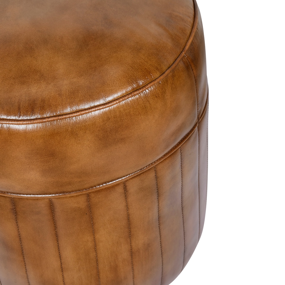 image 1 of Real Genuine Leather Round Pommel Footstool Ottoman Tan Brown 52cm High x 46cm Fully Assembled
