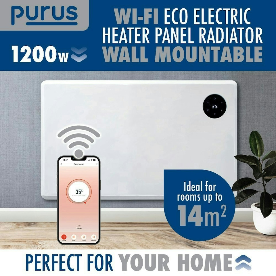 image 1 of Purus 1200W Smart Wifi Eco Heater Electric Panel Radiator Wall Mounted White
