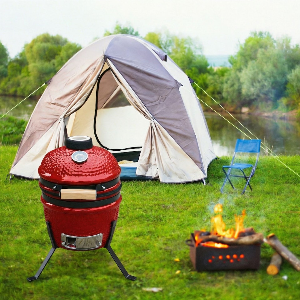image 1 of Alivio Kamado 13-Inch Ceramic Mini BBQ Grill & Charcoal Smoker with Stand (Red)