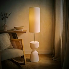 ValueLights Esme Linen Tall Lamp Shade Ceramic Table Base Midi Floor Lamp with LED Bulb Cream