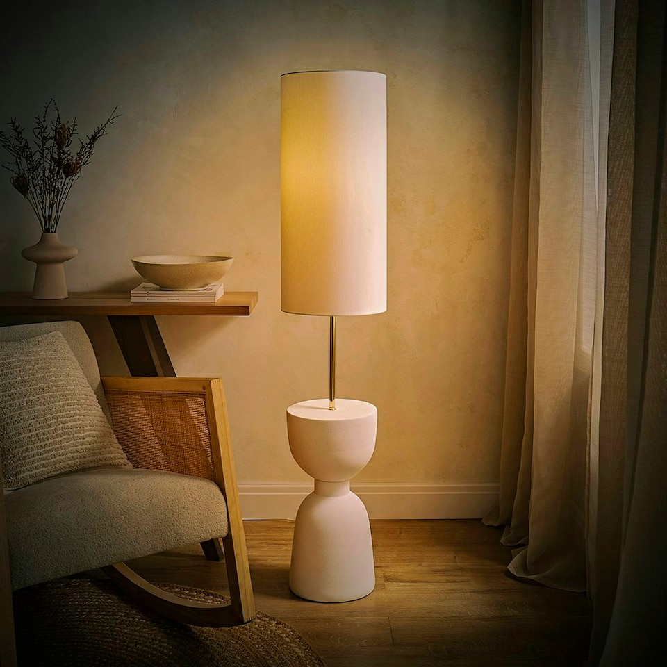 image 1 of ValueLights Esme Linen Tall Lamp Shade Ceramic Table Base Midi Floor Lamp with LED Bulb Cream