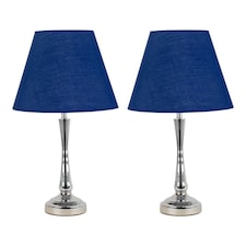 Set of 2 Chrome Table Lamps with Stem Detail and Navy Blue Shades Chrome | Blue