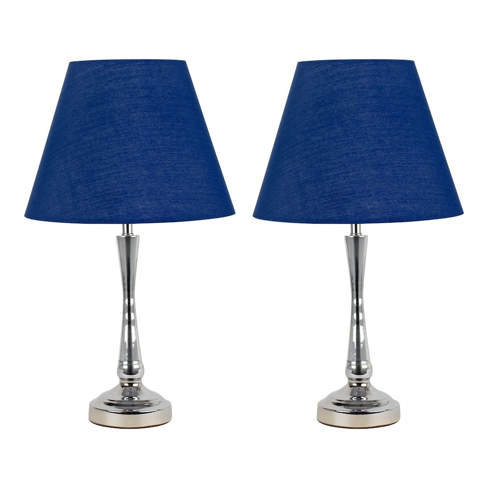 image 1 of Set of 2 Chrome Table Lamps with Stem Detail and Navy Blue Shades Chrome | Blue