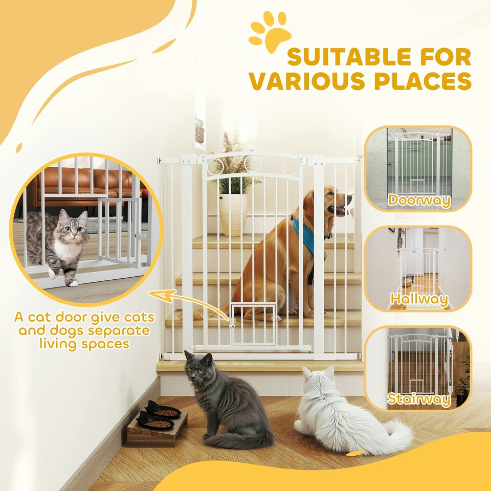 image 1 of PawHut Stair Gate with Cat Door, Adjustable Width, 76-104cm and 106cm Tall