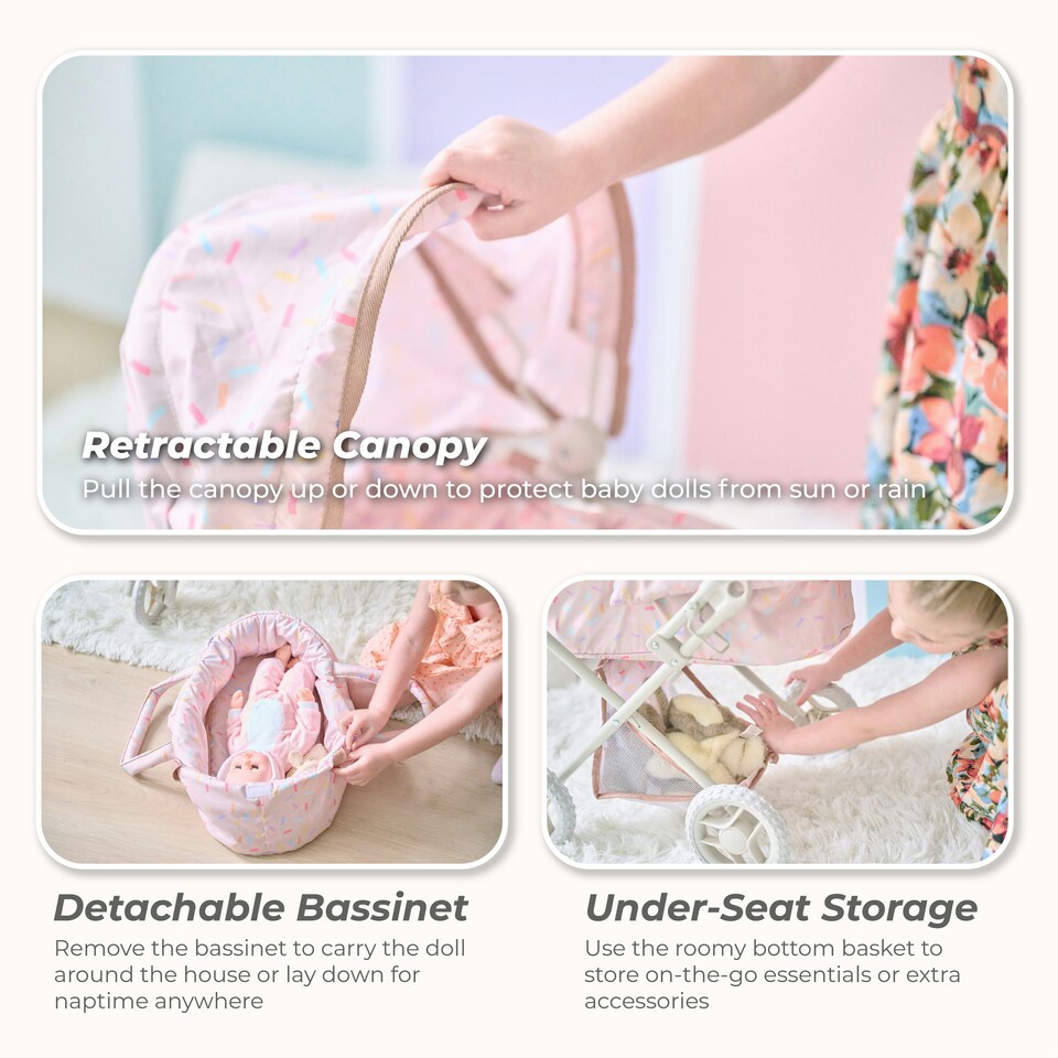 image 1 of Teamson Kids 2-in-1 Classic Doll Stroller in Beige with Removable Bassinet, Adjustable Canopy, Storage Basket & Bag