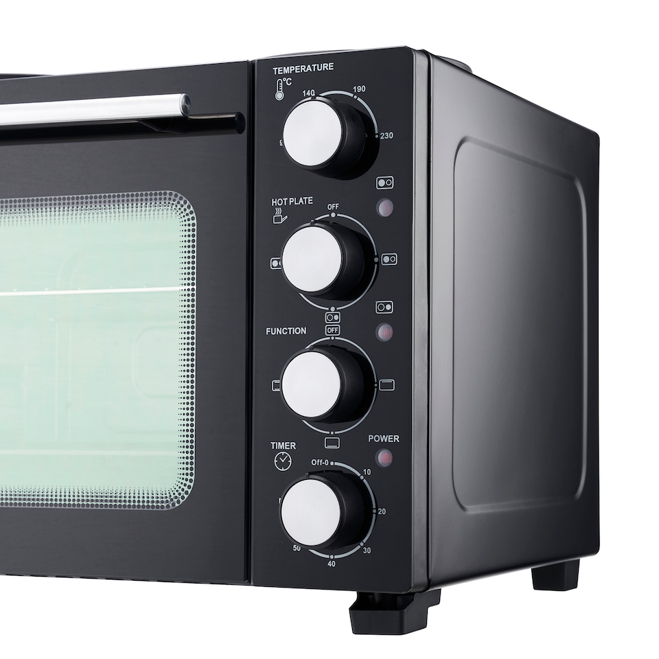 image 1 of Cooks Professional 28L Mini Oven with 2 Hobs - Electric Multifunction Countertop Cooker | Black | Black & Silver