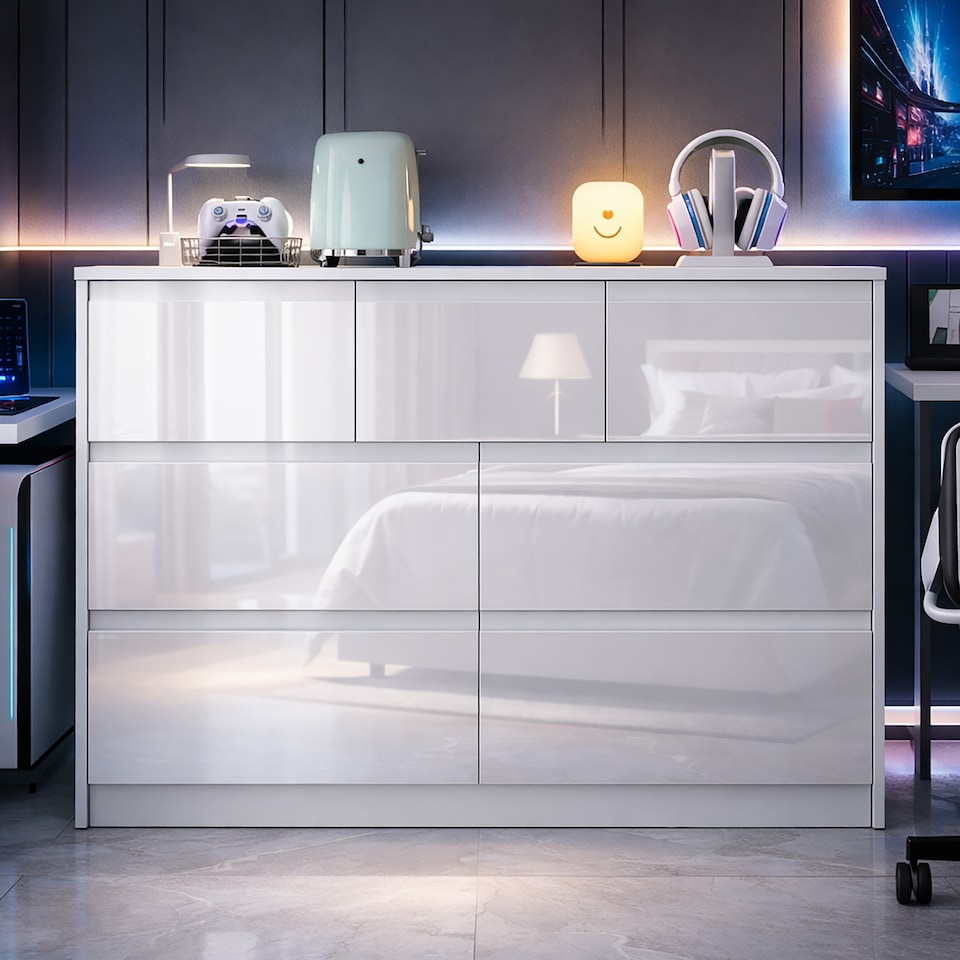 image 1 of LUXURY White High Gloss Chest of Drawers, 7 Drawer Handleless Cabinet