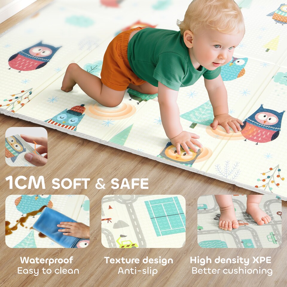 image 1 of AIYAPLAY Baby Play Mat Double-Sided, Kids Floor Mat, Car Track and Owl Theme