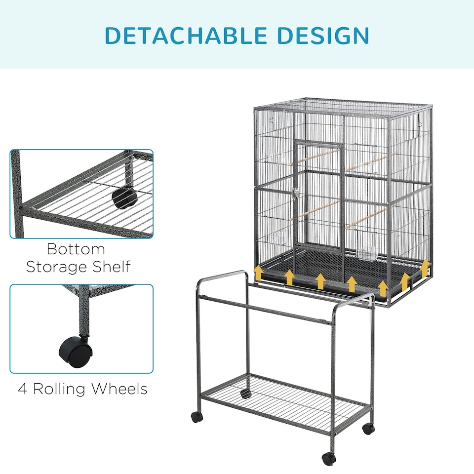 image 1 of PawHut Rolling Bird Cage w/ Detachable stand Storage Shelf  Wood Perch Food Cup