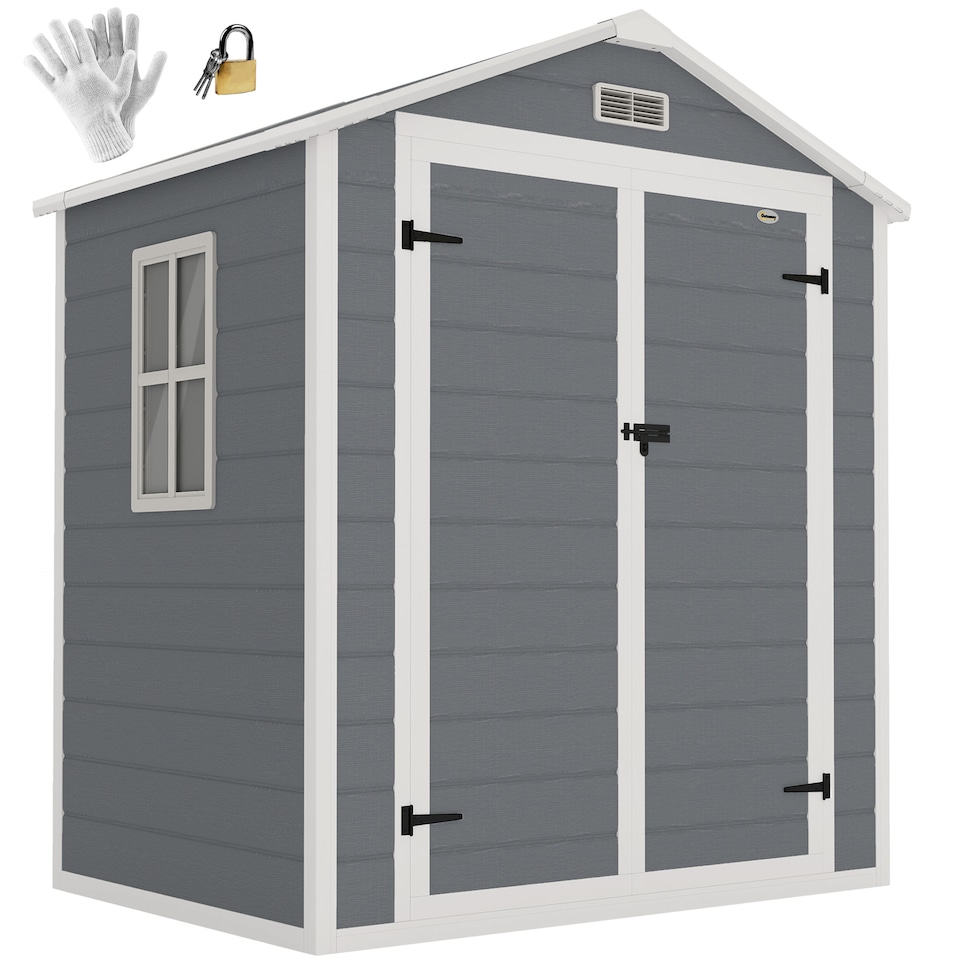 image 1 of Outsunny 6 x 4.5FT Plastic Garden Shed with Floor, Lean to Outdoor Storage Shed, Lockable Tool Storage House with Window, Vent and Plastic Roof, Grey
