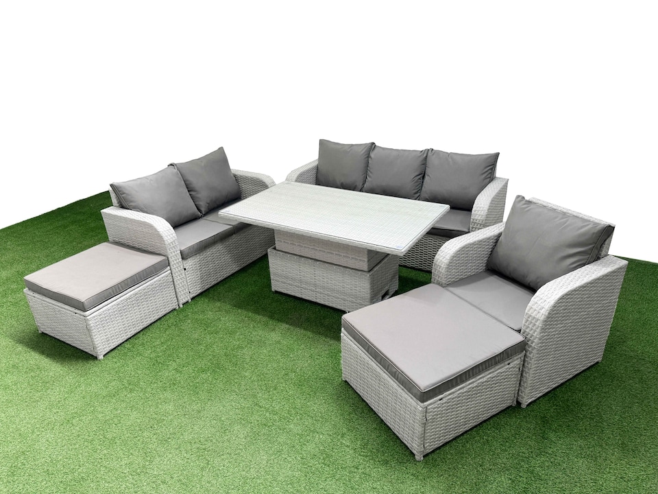 image 1 of Fimous Patio PE Wicker 8 Seater Outdoor Rattan Furniture Sofa Sets with Adjustable Lifting Dining or Coffee Table Reclining Chair Loveseat Sofa 3 Seater Sofa 2 Big Footstools Light Grey