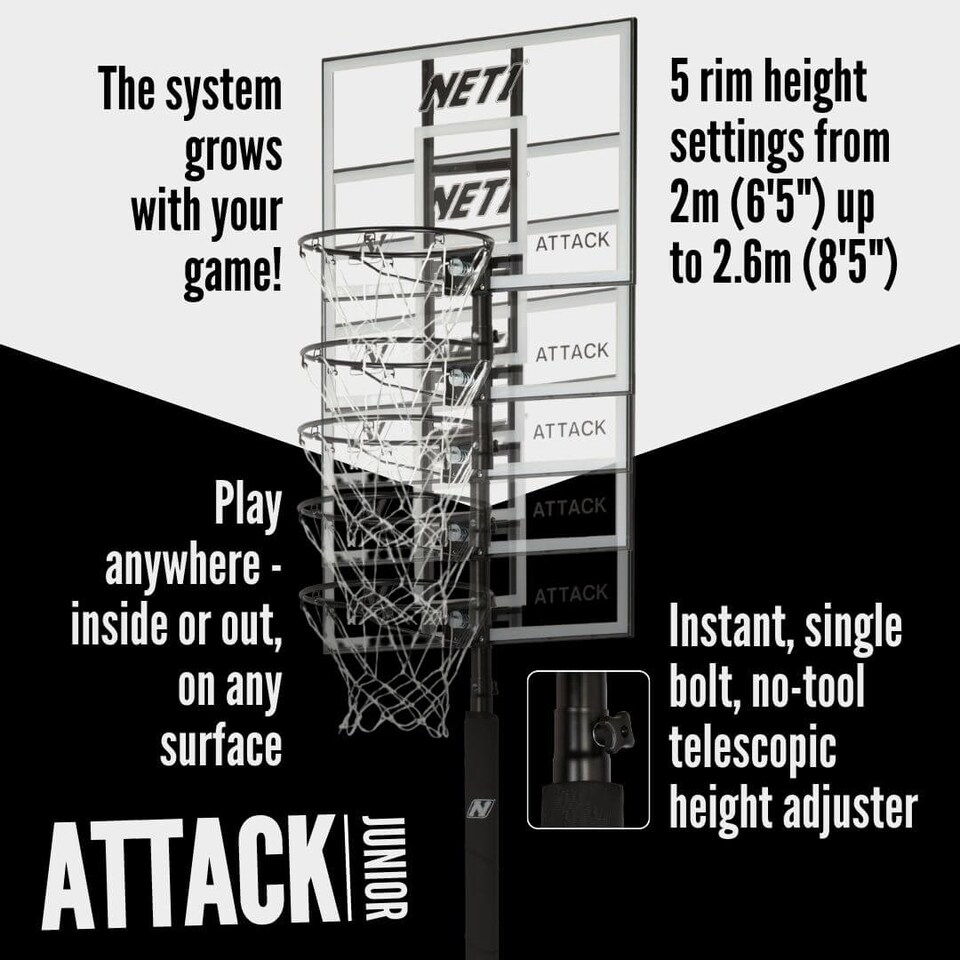image 1 of NET1 Attack Youth Adjustable Basketball Hoop - Telescopic 2.0-2.6 m, 76 x 51 cm Polycarbonate Backboard, 38 cm Steel Rim, 38 L Portable Base (Black) | Multi | BLACK | 4396