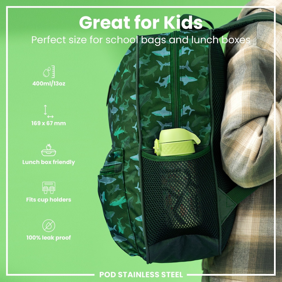 image 1 of Leak Proof Kids Water Bottle, Stainless Steel, 400ml (13oz) | Green | Cars | One Size