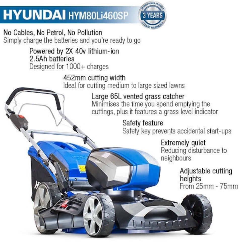 image 1 of Hyundai 18"/45cm Cordless 80v Lithium-Ion Battery Self Propelled Lawnmower with Battery and Charger | HYM80Li460SP