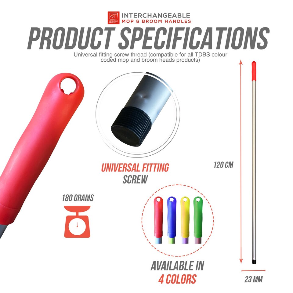 image 1 of Colour-Coded Aluminium Mop & Broom Handle 120cm Universal Screw Fit