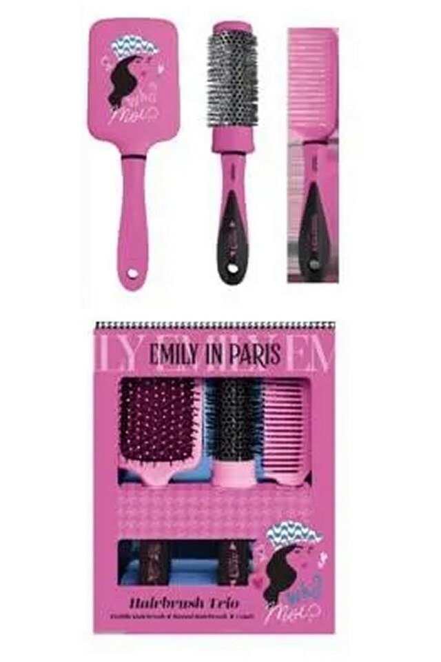 image 1 of Emily in Paris Hair Care Trio Set Pink Who Moi Paddle, Round and Comb
