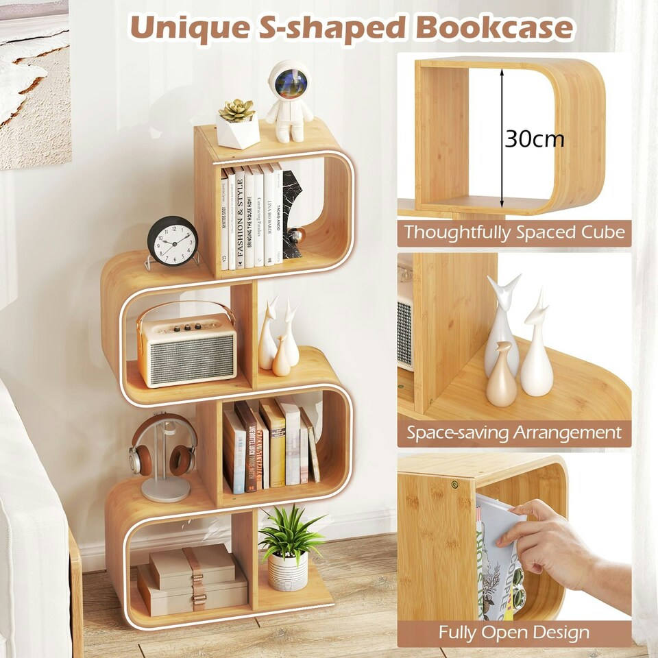 image 1 of COSTWAY 4-TierS-Shaped Bookcase, Bamboo Bookshelf Brown